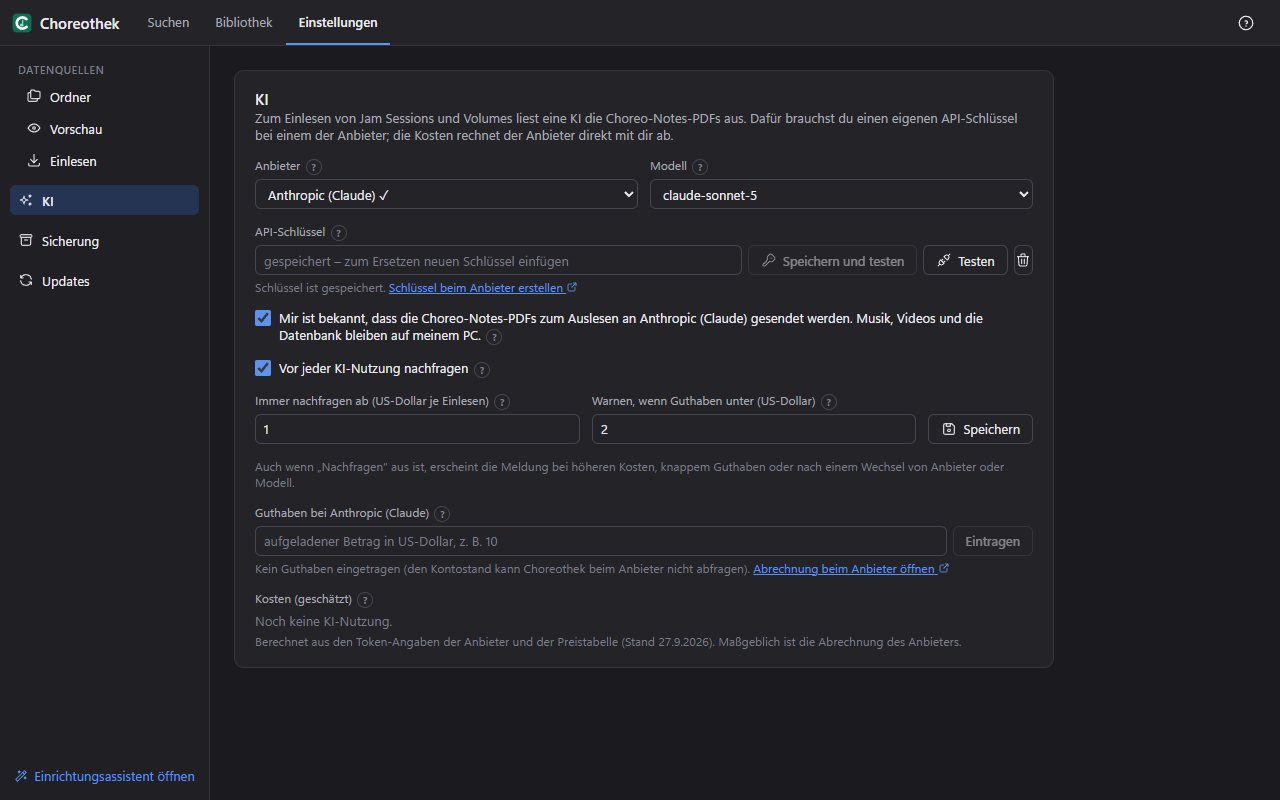 Einstellungen → KI: Anbieter, Modell, API-Schlüssel, Datenschutz-Häkchen, Kostengrenze und Guthaben
